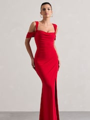 Club L London Red Amoura Square Neck Draped Wrap Maxi Dress - Image 2 of 5
