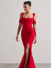 Club L London Red Amoura Square Neck Draped Wrap Maxi Dress - Image 3 of 5