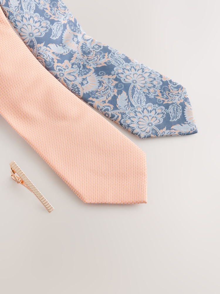 Peach and Blue Paisley Design Ties And Clips 2 Pack - Image 3 of 3