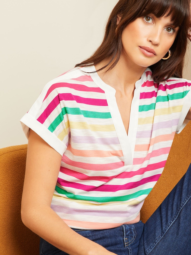 Love & Roses Ivory Rainbow Stripe V-Neck Jersey T-Shirt - Image 3 of 4