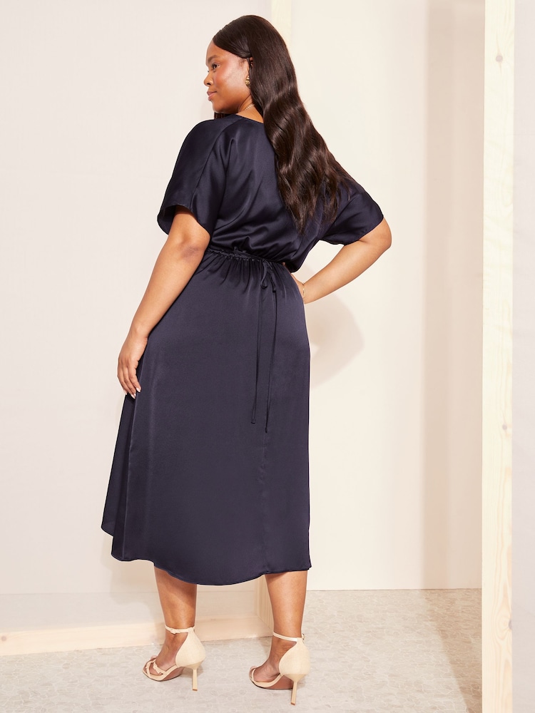 Curves Like These Blue Curve Satin Short Sleeve Wrap Midi Dress - Image 4 of 4