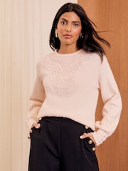 Love & Roses Ivory White Floral Cosy Stitch Detail Jumper - Image 1 of 4