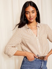 Friends Like These Brown Long Sleeve Button Through Shirt with Linen - Image 2 of 4