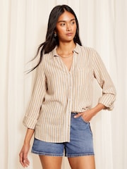 Friends Like These Brown Long Sleeve Button Through Shirt with Linen - Image 3 of 4