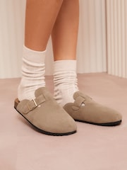 Friends Like These Neutral Wide Fit Buckle Faux Suede Comfort Footbed Clogs - Image 1 of 5