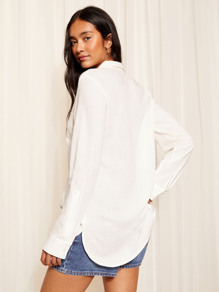 Friends Like These White Long Sleeve Button Through Shirt with Linen - Image 4 of 4