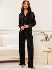 Lipsy Black Plisse Shirt and Trousers Loungewear Set - Image 4 of 4
