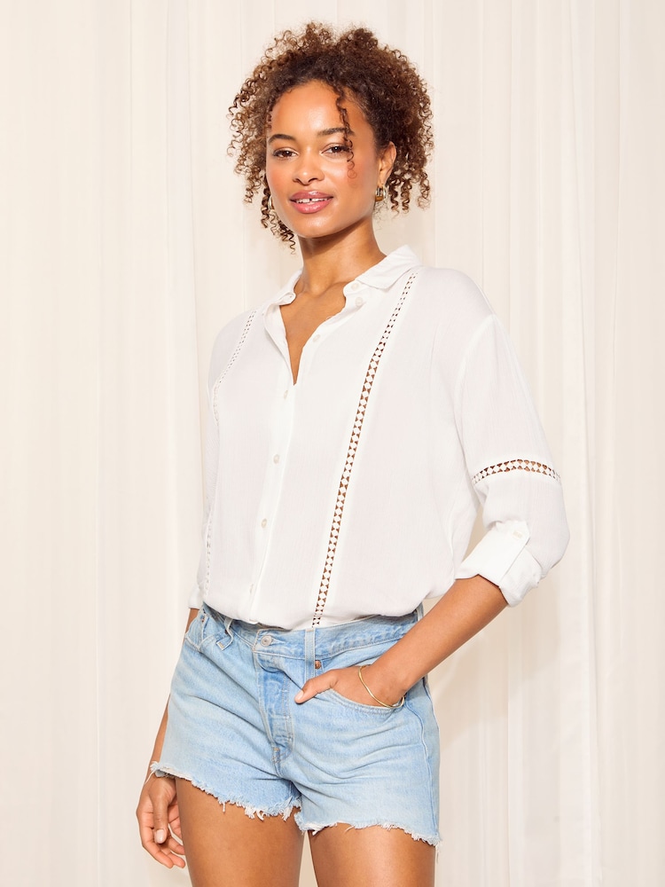 Friends Like These White Long Sleeve Crinkle Trim Detail Button Through Shirt - Image 1 of 4
