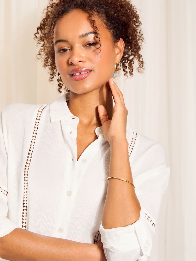 Friends Like These White Long Sleeve Crinkle Trim Detail Button Through Shirt - Image 2 of 4