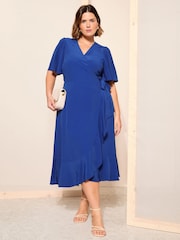 Curves Like These Blue Chiffon Mix Flutter Sleeve Wrap Midi Dress - Image 1 of 4