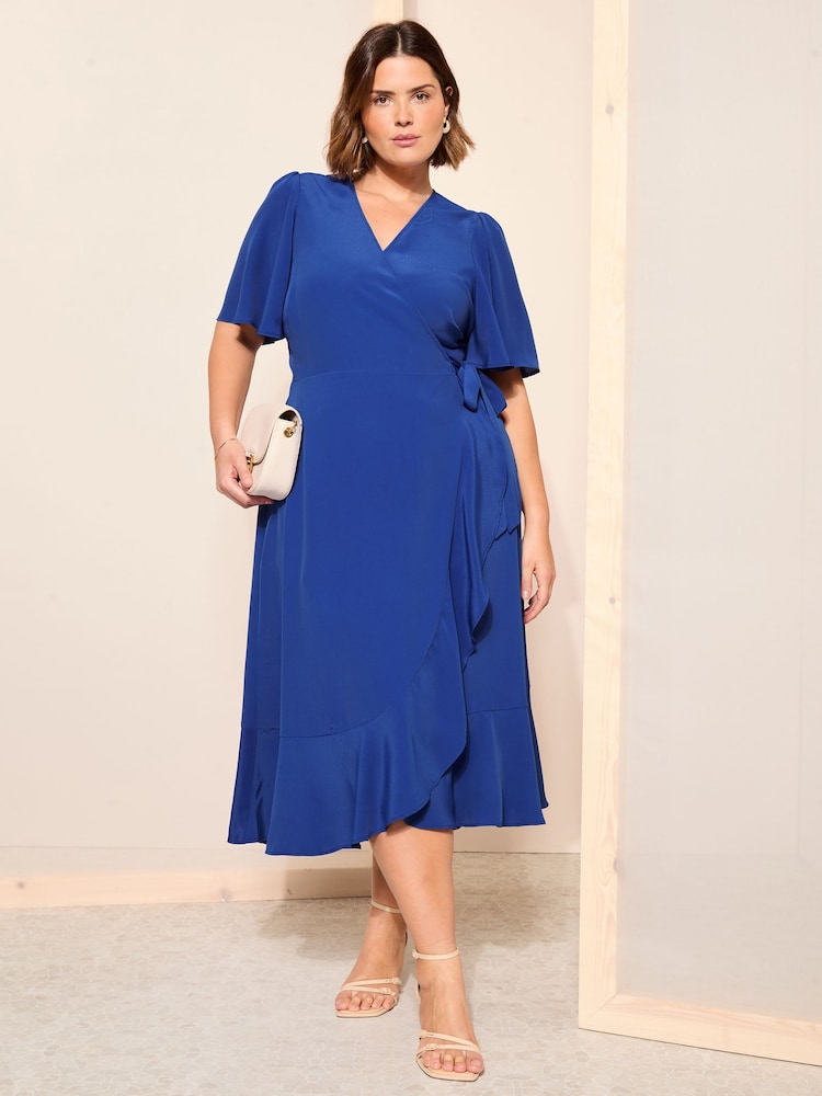 Curves Like These Blue Chiffon Mix Flutter Sleeve Wrap Midi Dress - Image 1 of 4