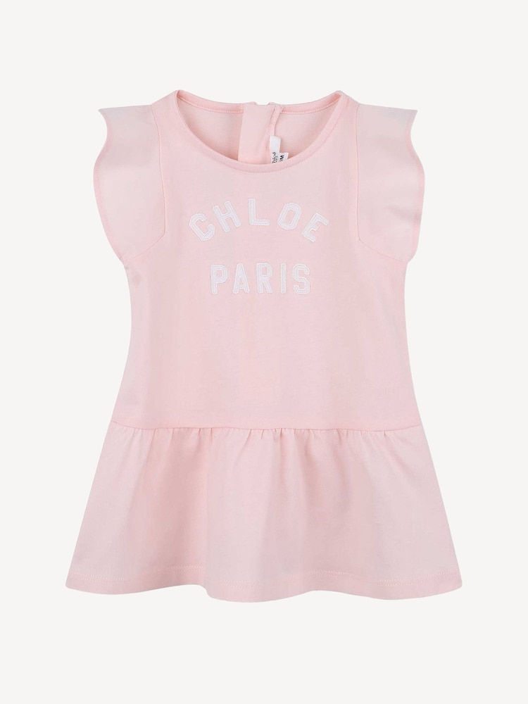 Chloé Baby Pink Paris Logo Short Sleeve Dress With Frill Sleeves - Image 1 of 3