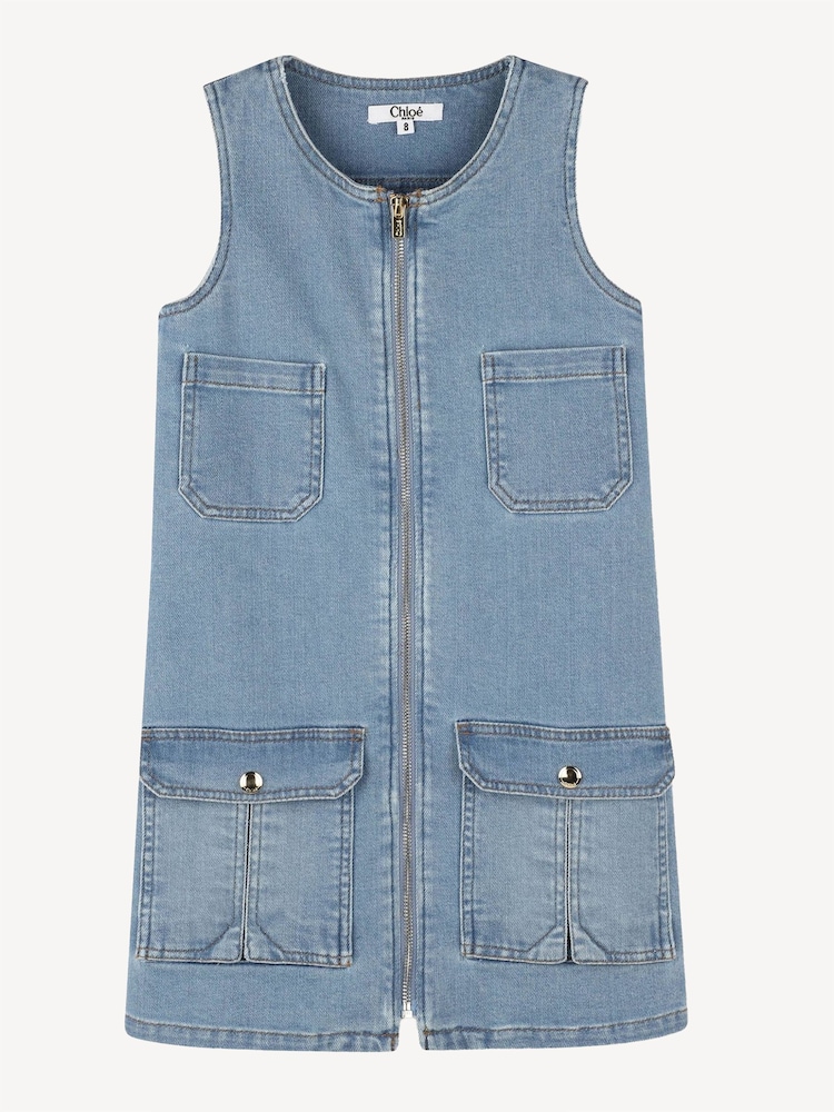 Chloé Blue Zip Front Denim Dress With Cargo Pockets - Image 2 of 4