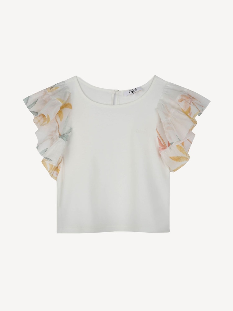 Chloé Cream Logo Short Sleeve T-Shirt With Printed Frill Sleeve Detail - صورة 1 من 2 Chloé Cream Logo Short Sleeve T-Shirt With Printed Frill Sleeve Detail - صورة 1 من 2