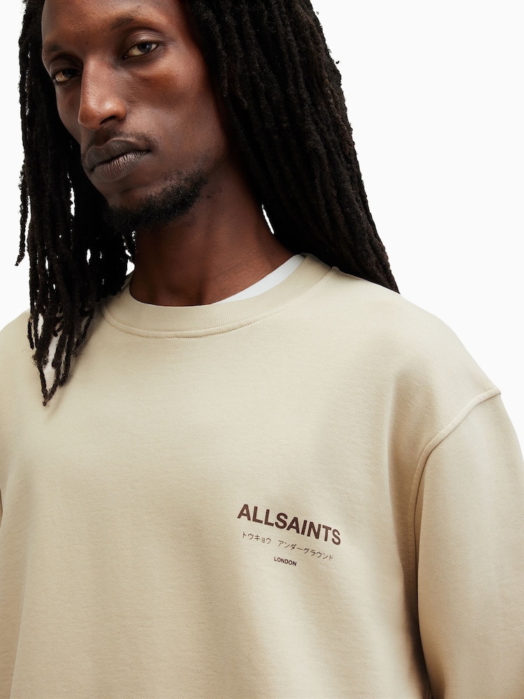 AllSaints Brown Underground 100% Organic Cotton Crew Sweatshirt - Image 8 of 9