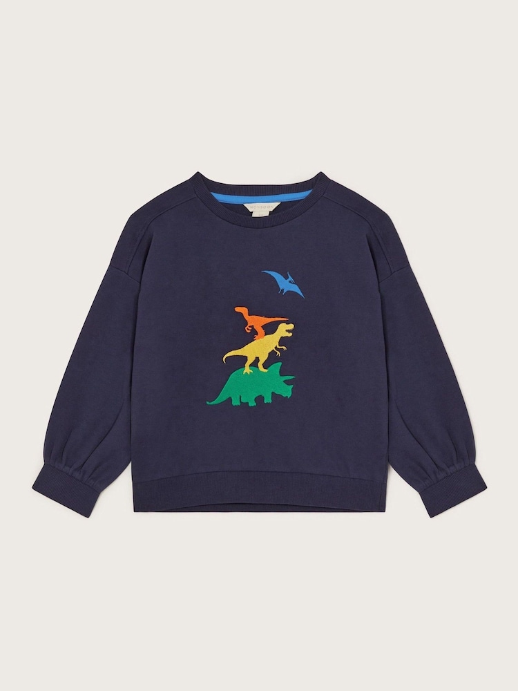 Monsoon Blue Embroidered Dinosaur 100% Cotton Sweatshirt - Image 1 of 3