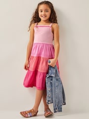Monsoon Pink Ric Rac Colour Block Tiered 100% Cotton Dress - Image 1 of 4