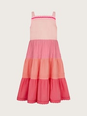 Monsoon Pink Ric Rac Colour Block Tiered 100% Cotton Dress - Image 2 of 4