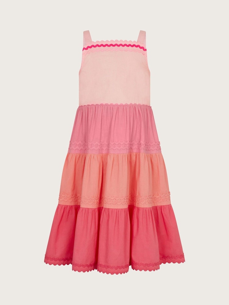 Monsoon Pink Ric Rac Colour Block Tiered 100% Cotton Dress - Image 2 of 4