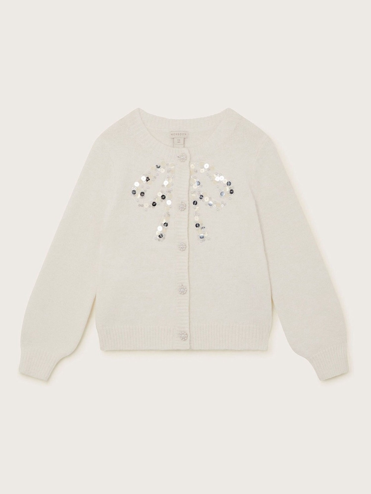 Monsoon Cream Bow Embellished Sequin Cardigan - Image 2 of 4