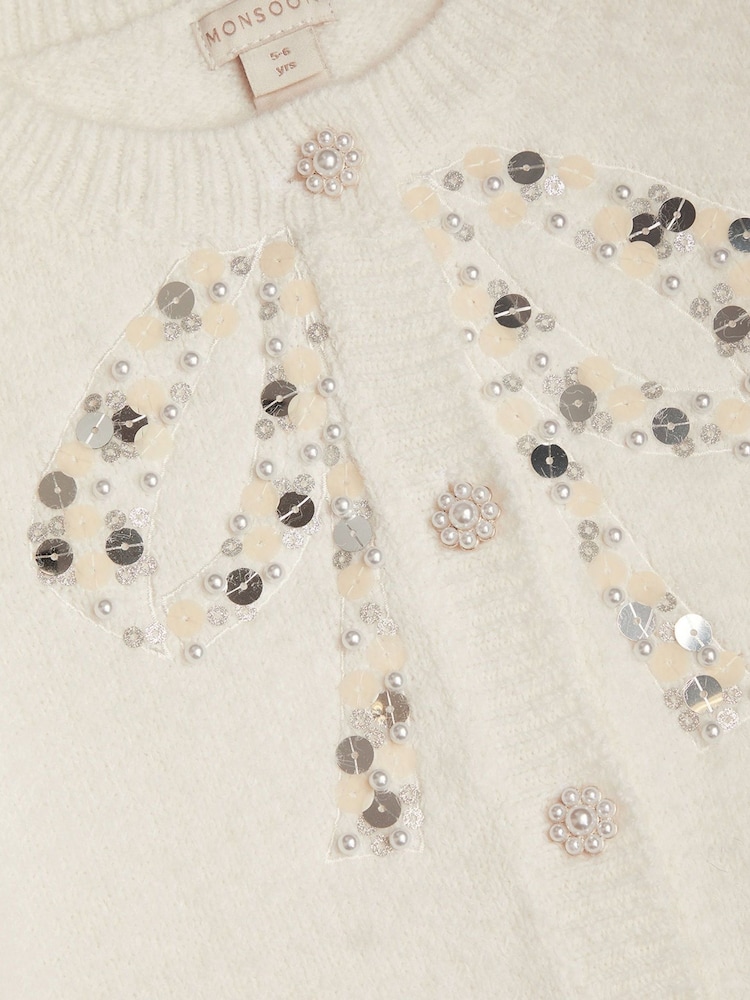 Monsoon Cream Bow Embellished Sequin Cardigan - Image 4 of 4