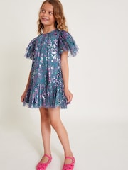 Monsoon Grey Frilly Sleeve Metallic Print Mesh Dress - Image 1 of 4