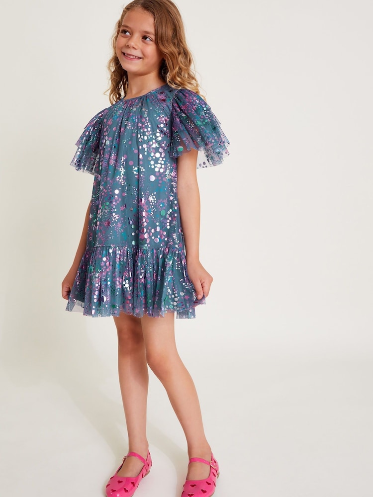 Monsoon Grey Frilly Sleeve Metallic Print Mesh Dress - Image 1 of 4