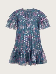 Monsoon Grey Frilly Sleeve Metallic Print Mesh Dress - Image 2 of 4