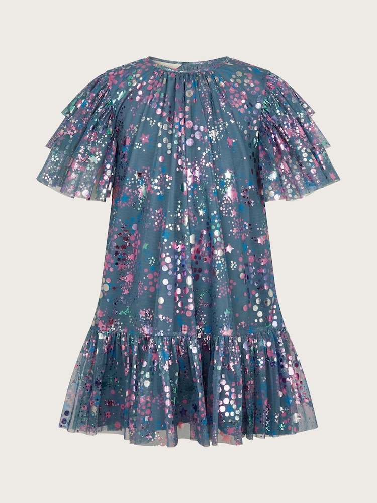 Monsoon Grey Frilly Sleeve Metallic Print Mesh Dress - Image 2 of 4