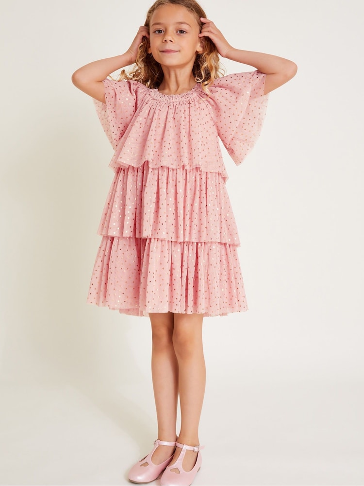 Monsoon Pink Metallic Star Tiered Mesh Dress - Image 1 of 4