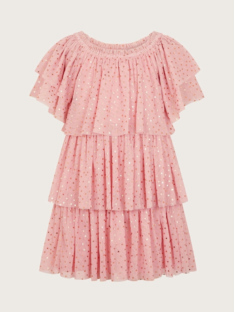 Monsoon Pink Metallic Star Tiered Mesh Dress - Image 2 of 4