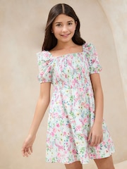 Lipsy Mint Green Floral Crinkle Jersey Puff Sleeve Dress (5-16yrs) - Image 1 of 4
