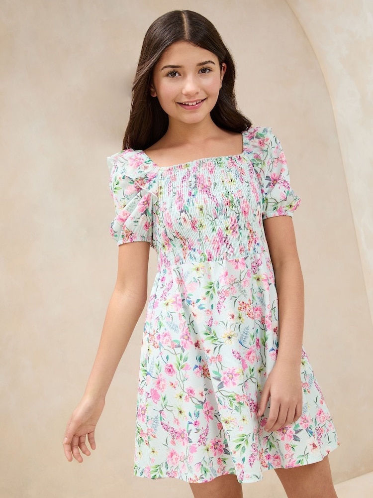 Lipsy Mint Green Floral Crinkle Jersey Puff Sleeve Dress (5-16yrs) - Image 1 of 4