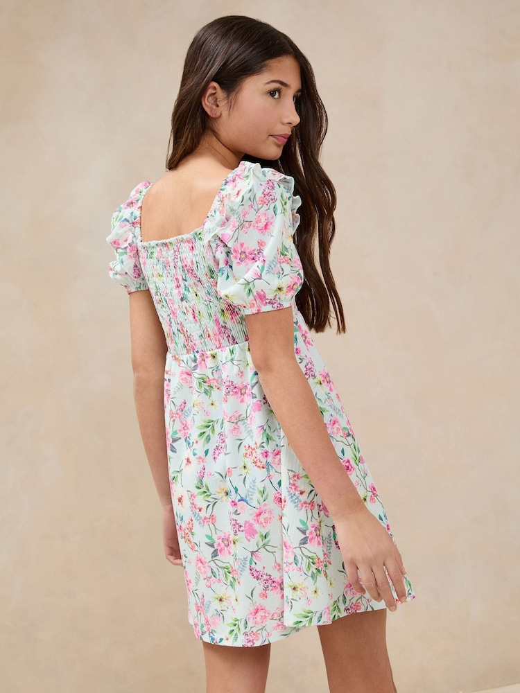 Lipsy Mint Green Floral Crinkle Jersey Puff Sleeve Dress (5-16yrs) - Image 4 of 4