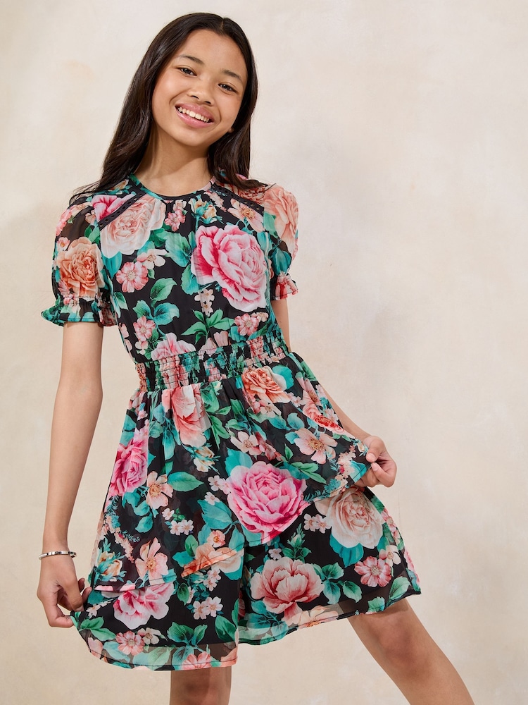 Lipsy Black Floral Puff Sleeve Dress (5-16yrs) - Image 1 of 4