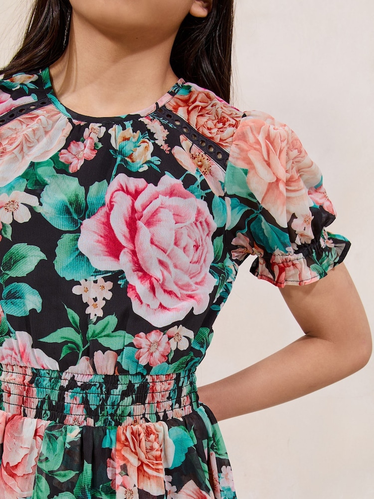Lipsy Black Floral Puff Sleeve Dress (5-16yrs) - Image 2 of 4