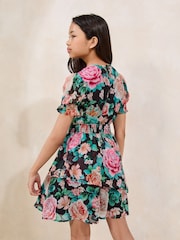 Lipsy Black Floral Puff Sleeve Dress (5-16yrs) - Image 4 of 4