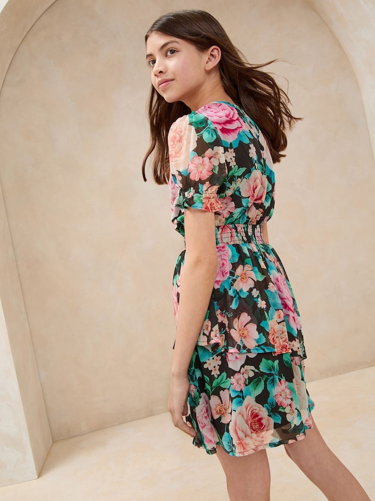 Lipsy Black Floral Puff Sleeve Dress (5-16yrs) - Image 4 of 4