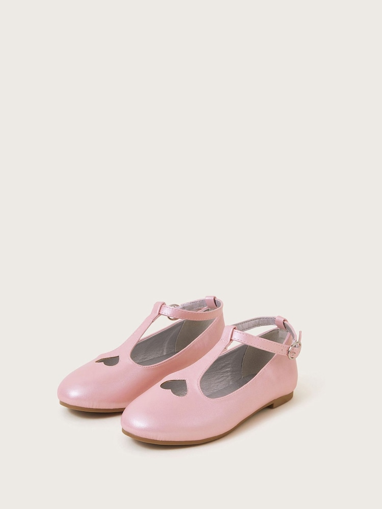 Monsoon Pink Heart Shimmer T-Strap Ballet Flats - Image 1 of 3