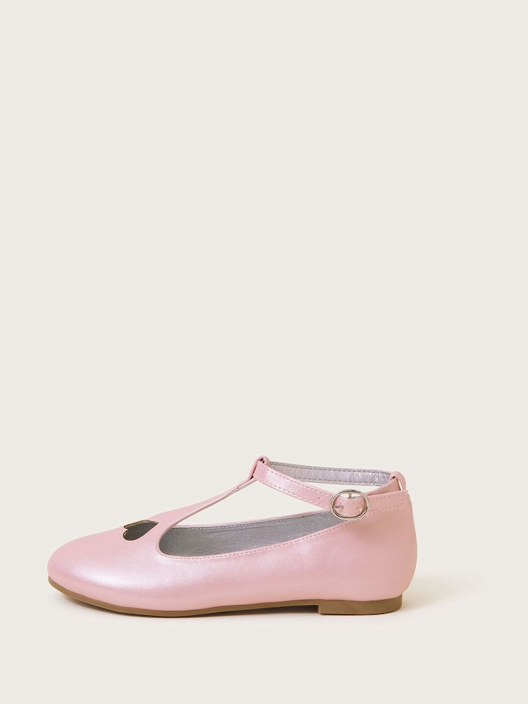 Monsoon Pink Heart Shimmer T-Strap Ballet Flats - Image 2 of 3