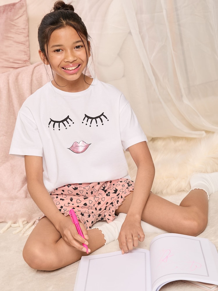 Lipsy Pink/White Printed Jersey Cotton Pyjamas (5-16yrs) - Image 1 of 4
