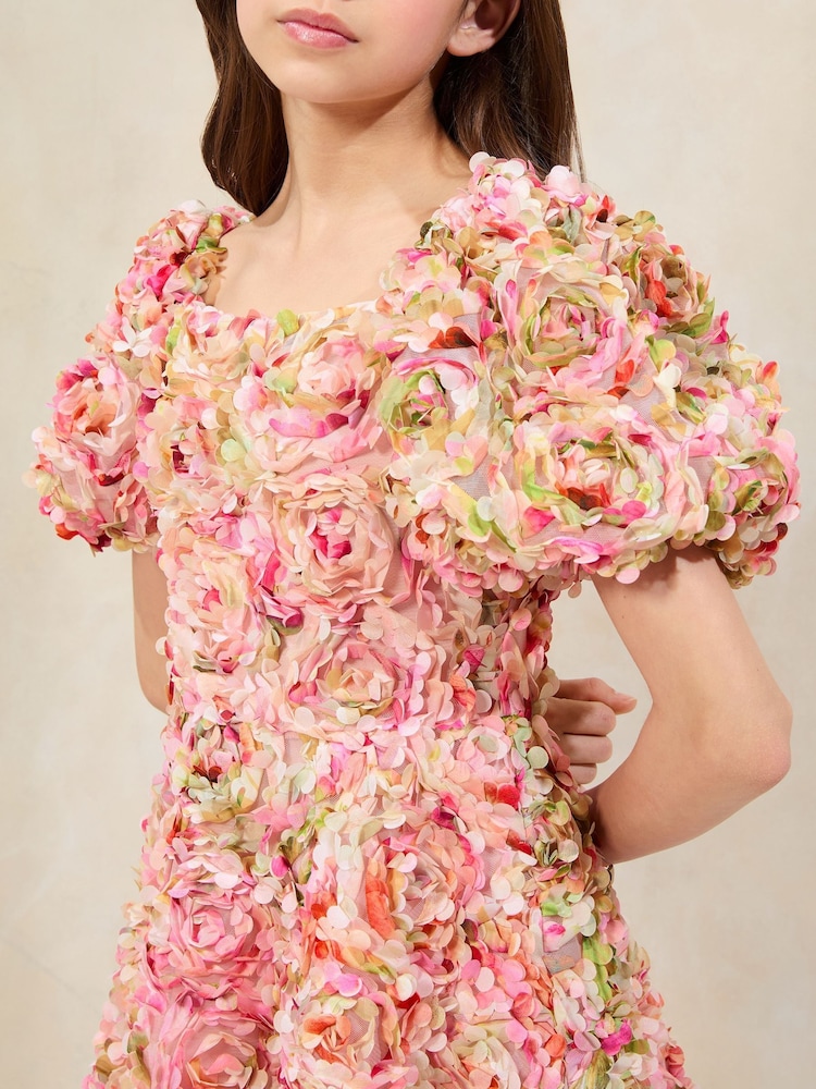 Lipsy Pink Premium Textured 3D Floral Short Sleeve Skater Mini Dress (5-16yrs) - Image 2 of 5 Lipsy Pink Premium Textured 3D Floral Short Sleeve Skater Mini Dress (5-16yrs) - Image 2 of 5