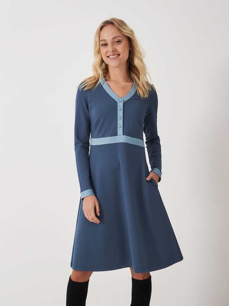 Rochie Ponte albastră Crew Clothing Company cu decolteu în V - Image 3 of 6
