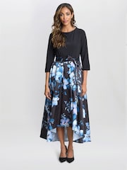 Gina Bacconi Louise Printed High/Low Midi Black Dress - Image 1 of 5