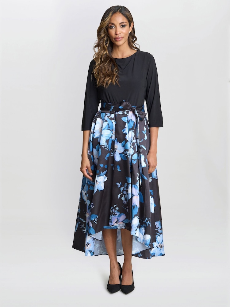 Gina Bacconi Louise Printed High/Low Midi Black Dress - Image 1 of 5