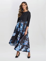 Gina Bacconi Louise Printed High/Low Midi Black Dress - Image 3 of 5