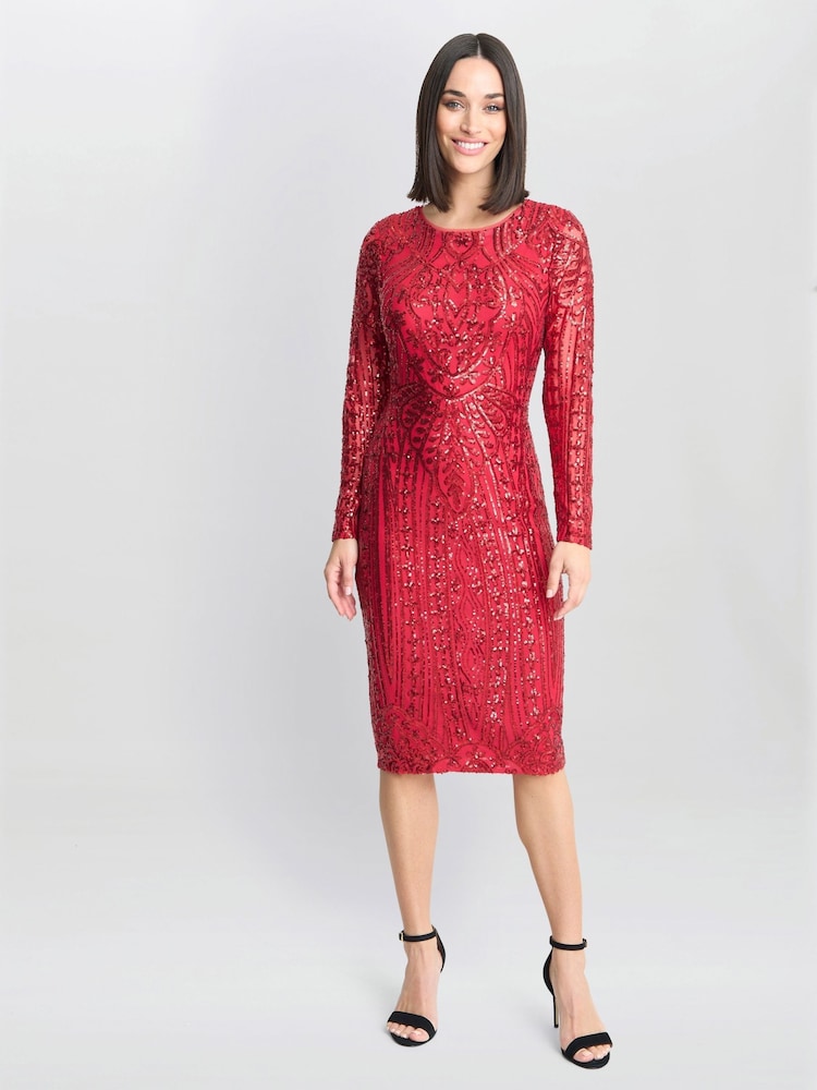 Gina Bacconi Red Angelique Sequin Midi Dress - Image 1 of 5