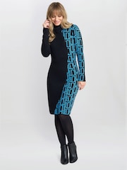 Gina Bacconi Ann Geometric Knit Poloneck Black Dress - Image 1 of 6