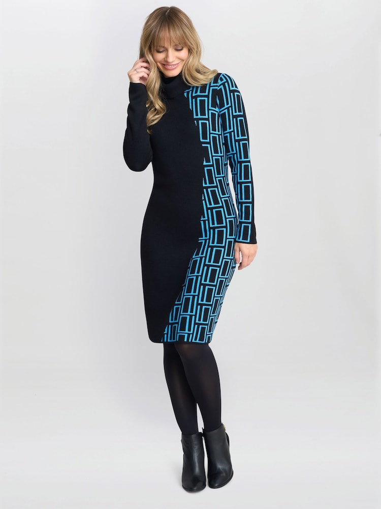 Gina Bacconi Ann Geometric Knit Poloneck Black Dress - Image 1 of 6