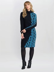 Gina Bacconi Ann Geometric Knit Poloneck Black Dress - Image 3 of 6